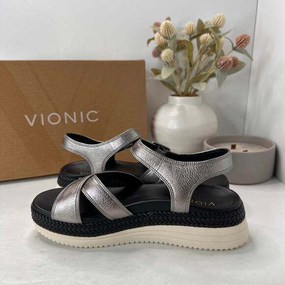 Vionic Mar Leather Strappy Platform Sandal Pewter Buckle I8675L9020 Women 6M NWB - Picture 7 of 11